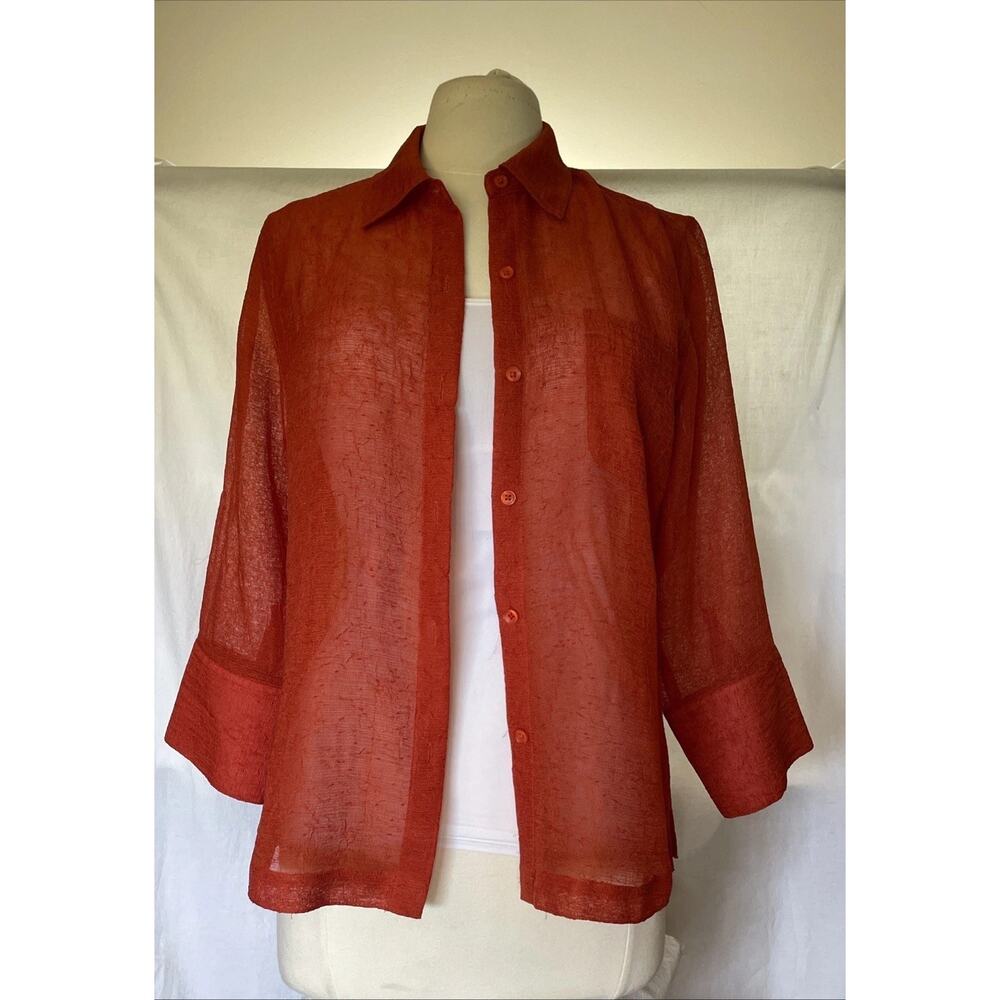 Coldwater Creek Orange Sheer Layering Gauze Button Up Shirt Size PM 3/4 Sleeves